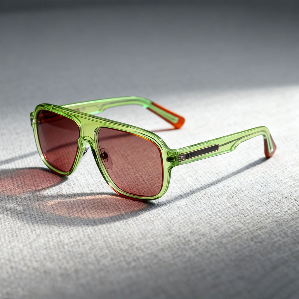 Elevated Square Double-Bridge Sunglasses with Transparent Color Frames & Red Lenses