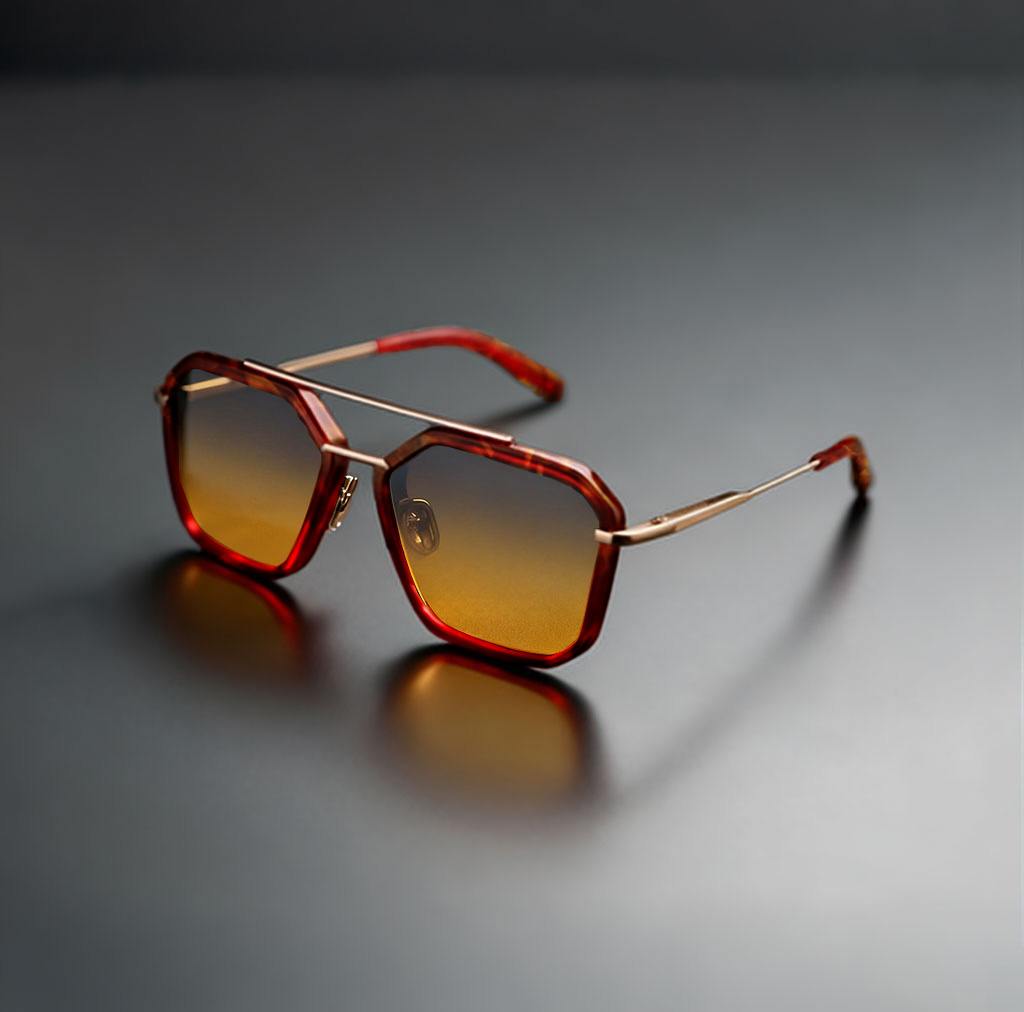 Hexagonal Double-Bridge Aviators (Color-FrameGold,.Amber Gradient)