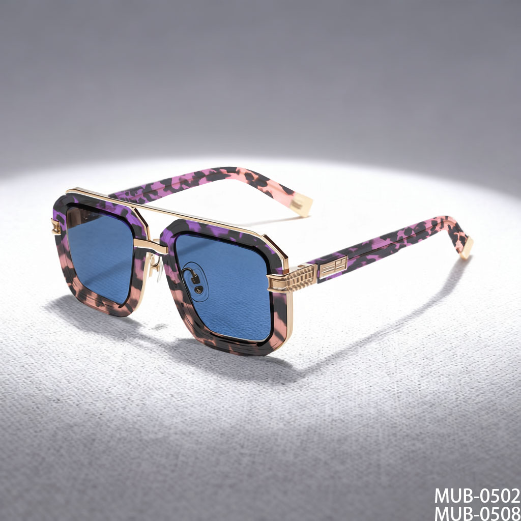 Elevated Square Double-Bridge Sunglasses with Transparent Color Frames, Gold Accents & Blue Lenses