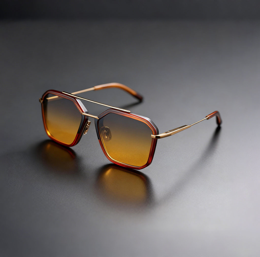 Hexagonal Double-Bridge Aviators (Color-FrameGold,.Amber Gradient)