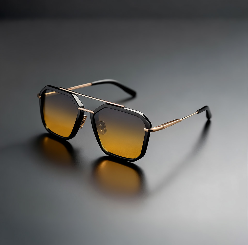 Hexagonal Double-Bridge Aviators (Color-FrameGold,.Amber Gradient)