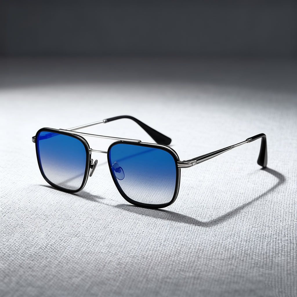 Elevated Color-Block Square Double-Bridge Sunglasses with Blue Gradient Lenses