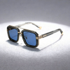 Elevated Square Double-Bridge Sunglasses with Transparent Color Frames, Gold Accents & Blue Lenses