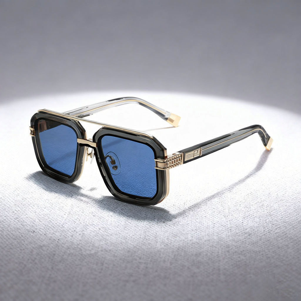Elevated Square Double-Bridge Sunglasses with Transparent Color Frames, Gold Accents & Blue Lenses