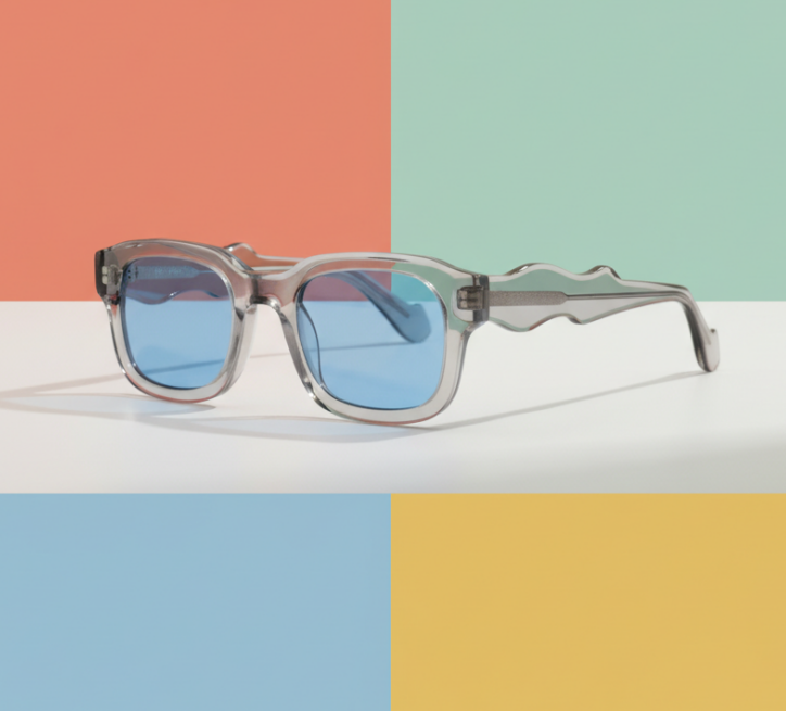 Acetic acid sunglasses. We mix and match colors to create a soft effect. This design features a very bold color scheme, giving the sunglasses a vibrant and bright effect/a sunny and passionate one. It