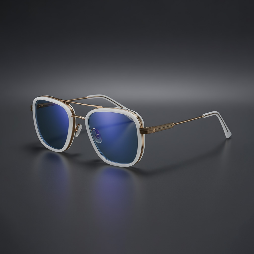 Elevated Multi-Color Square Double-Bridge Aviator Sunglasses with Gold Accents & Blue Lenses