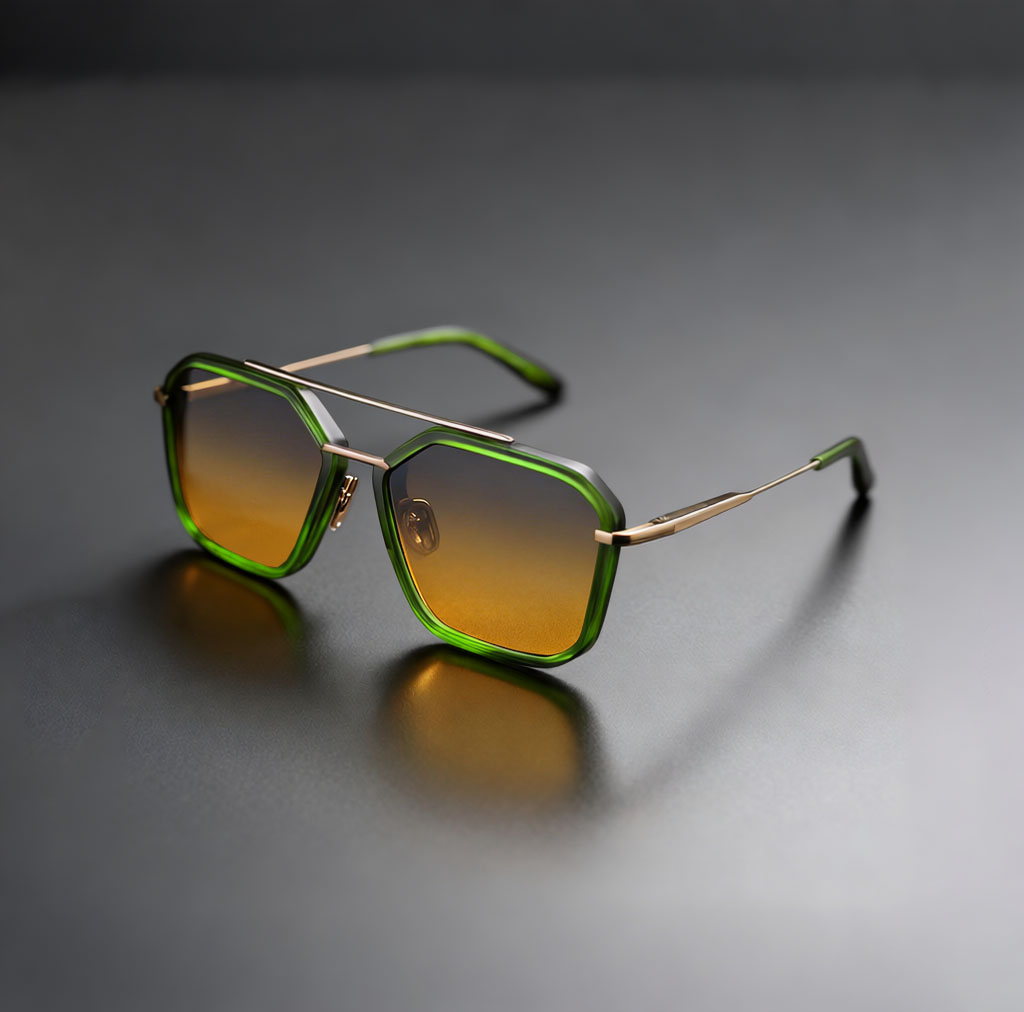 Hexagonal Double-Bridge Aviators (Color-FrameGold,.Amber Gradient)