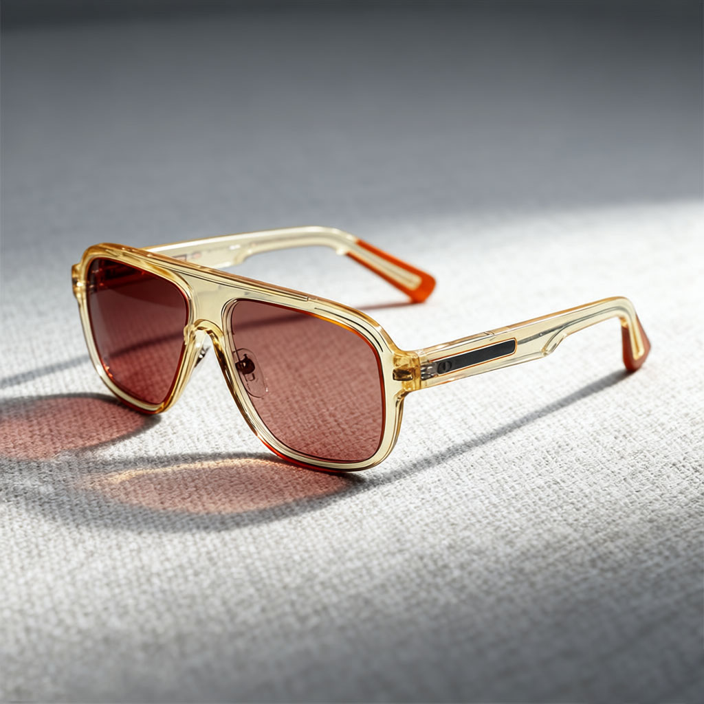 Elevated Square Double-Bridge Sunglasses with Transparent Color Frames & Red Lenses