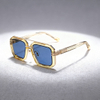 Elevated Square Double-Bridge Sunglasses with Transparent Color Frames, Gold Accents & Blue Lenses