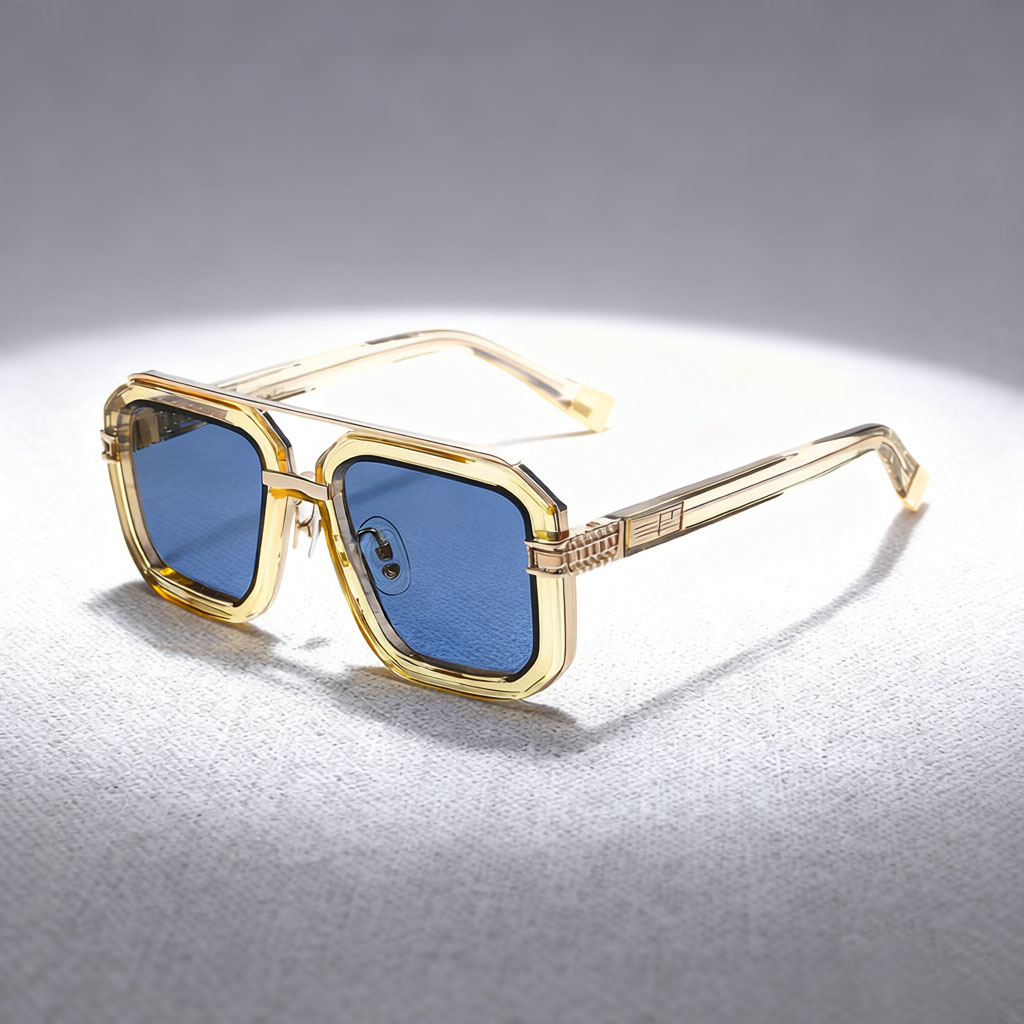 Elevated Square Double-Bridge Sunglasses with Transparent Color Frames, Gold Accents & Blue Lenses