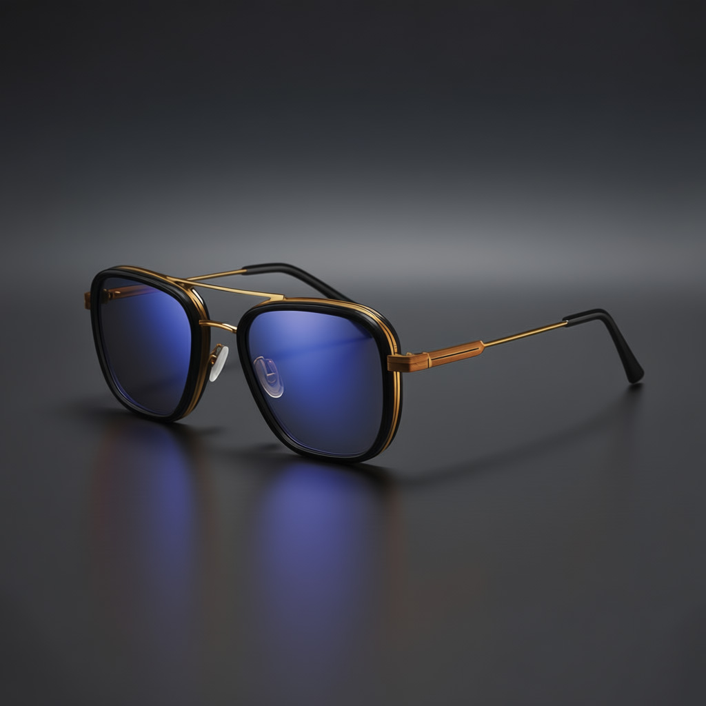 Elevated Multi-Color Square Double-Bridge Aviator Sunglasses with Gold Accents & Blue Lenses