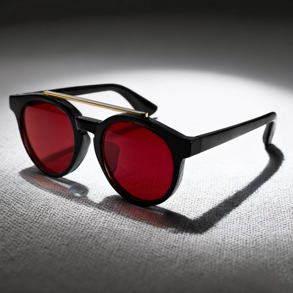 Sophisticated Round Double-Bridge Sunglasses with Transparent Frames and Red Lenses