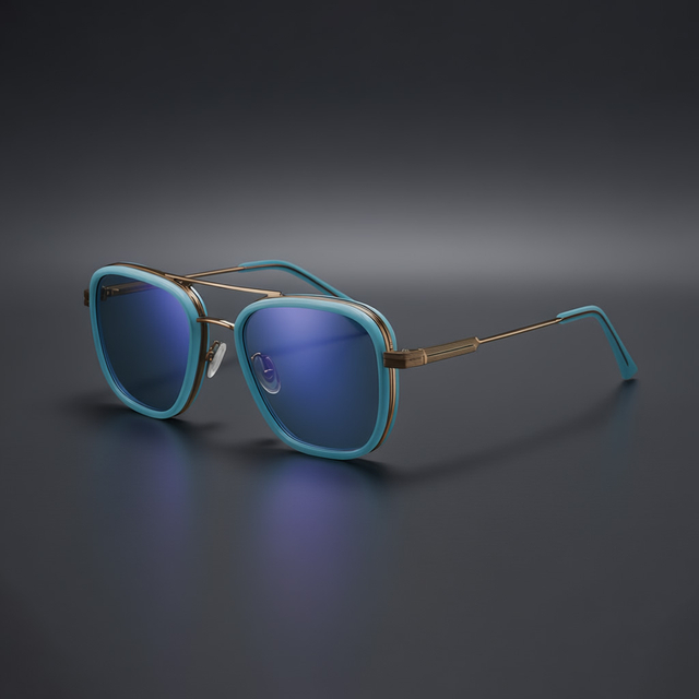 Elevated Multi-Color Square Double-Bridge Aviator Sunglasses with Gold Accents & Blue Lenses