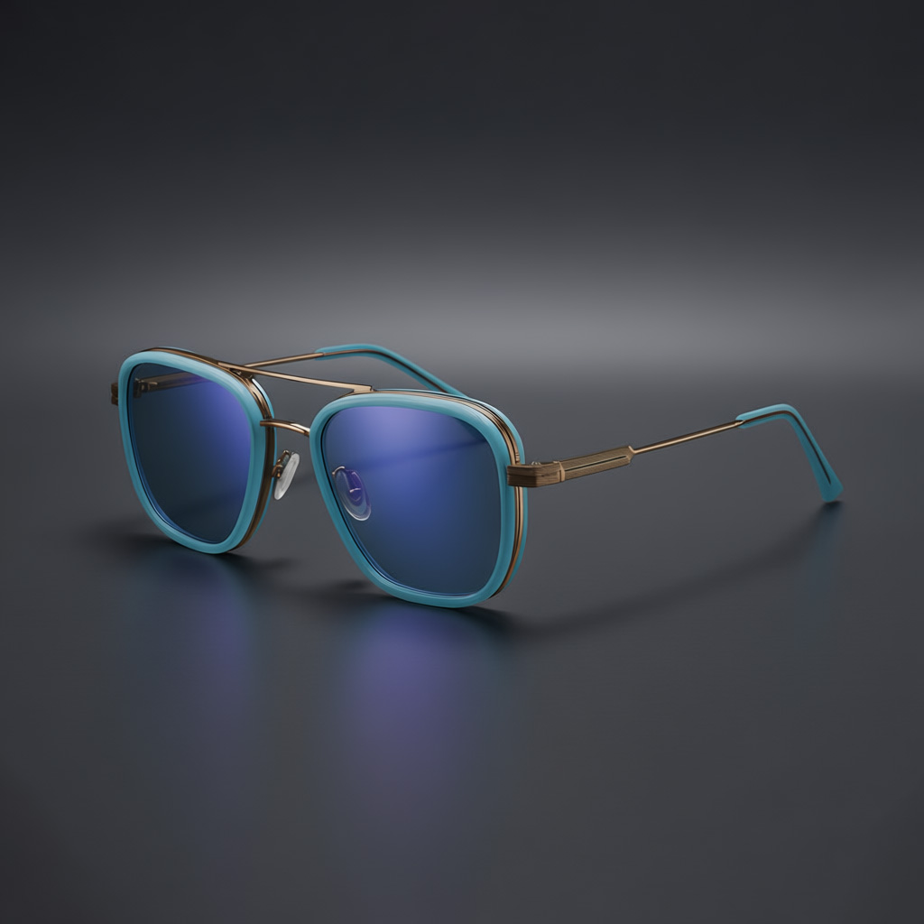 Elevated Multi-Color Square Double-Bridge Aviator Sunglasses with Gold Accents & Blue Lenses