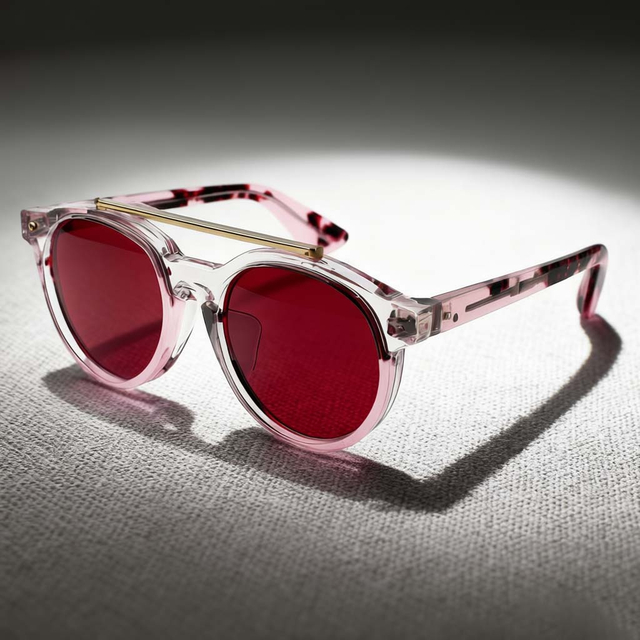 Sophisticated Round Double-Bridge Sunglasses with Transparent Frames and Red Lenses