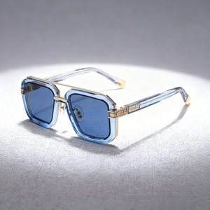 Elevated Square Double-Bridge Sunglasses with Transparent Color Frames, Gold Accents & Blue Lenses