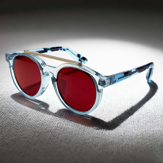 Sophisticated Round Double-Bridge Sunglasses with Transparent Frames and Red Lenses