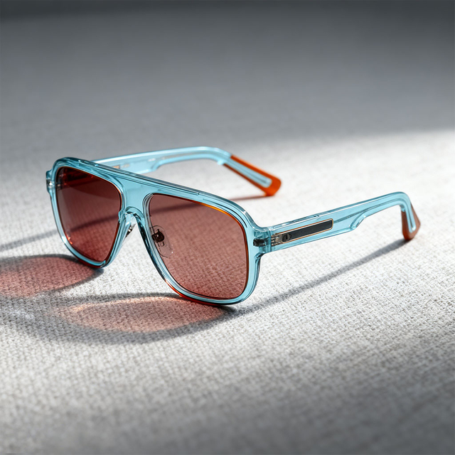 Elevated Square Double-Bridge Sunglasses with Transparent Color Frames & Red Lenses