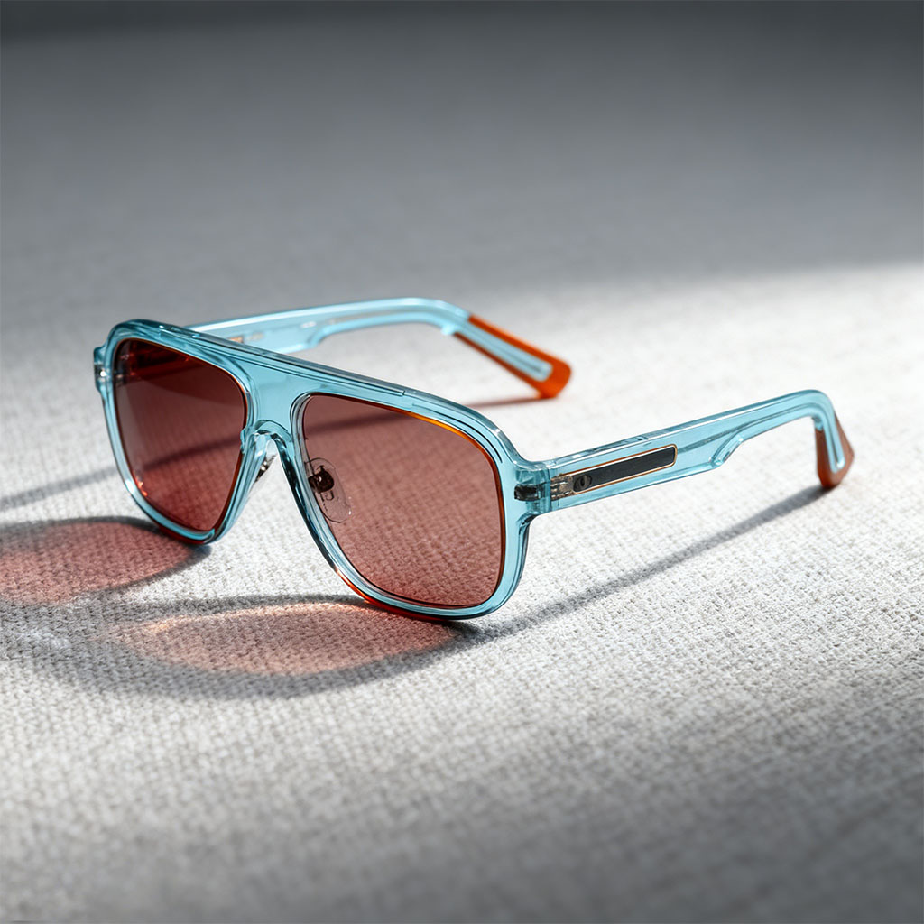 Elevated Square Double-Bridge Sunglasses with Transparent Color Frames & Red Lenses