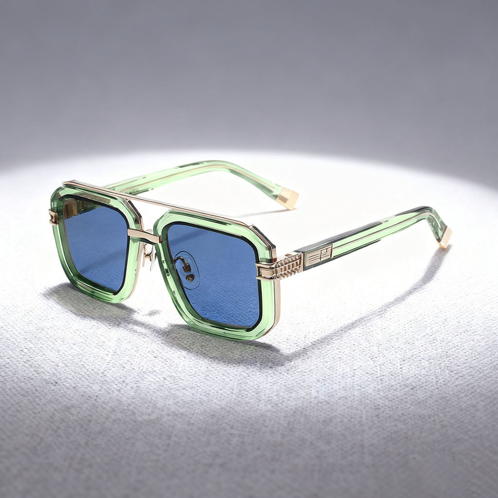 Elevated Square Double-Bridge Sunglasses with Transparent Color Frames, Gold Accents & Blue Lenses