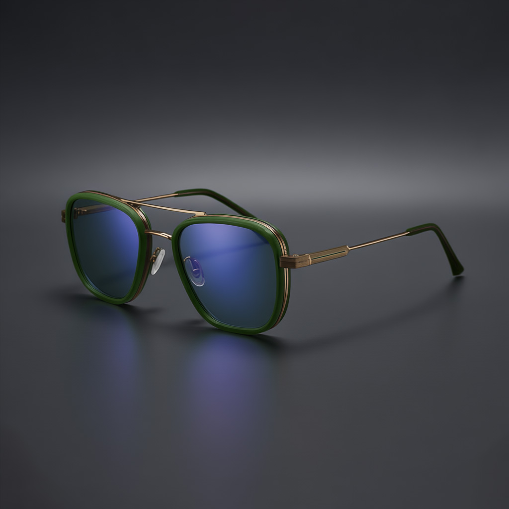 Elevated Multi-Color Square Double-Bridge Aviator Sunglasses with Gold Accents & Blue Lenses