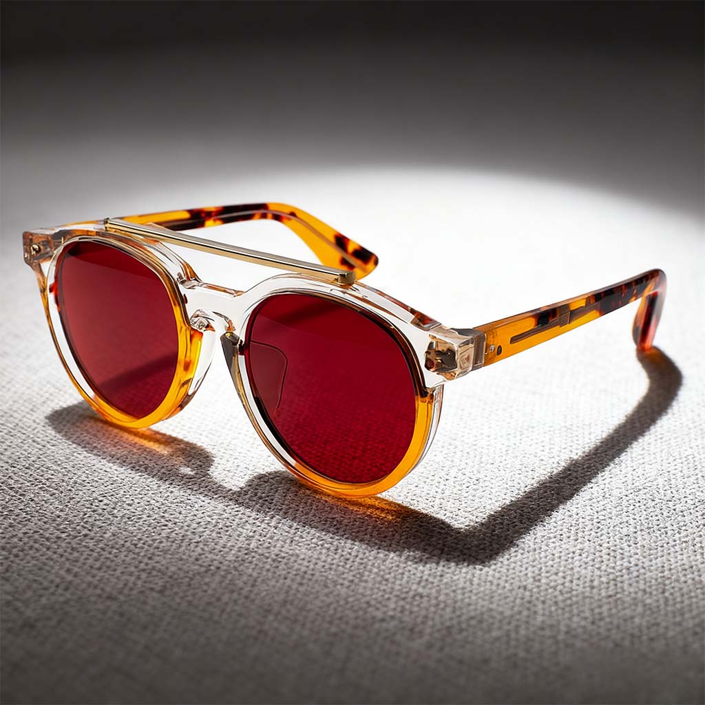 Sophisticated Round Double-Bridge Sunglasses with Transparent Frames and Red Lenses