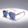 Elevated Square Double-Bridge Sunglasses with Transparent Color Frames, Gold Accents & Blue Lenses