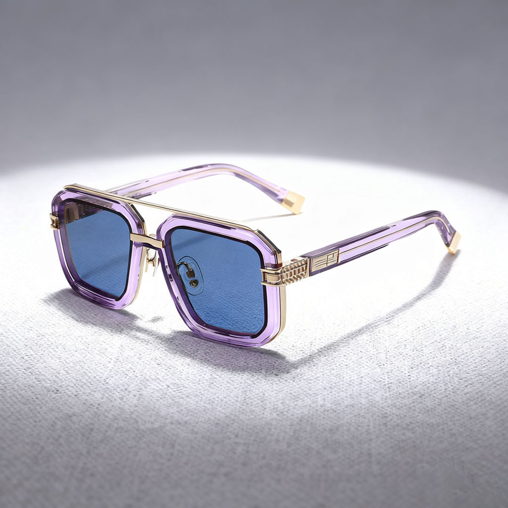 Elevated Square Double-Bridge Sunglasses with Transparent Color Frames, Gold Accents & Blue Lenses