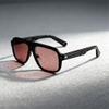 Elevated Square Double-Bridge Sunglasses with Transparent Color Frames & Red Lenses