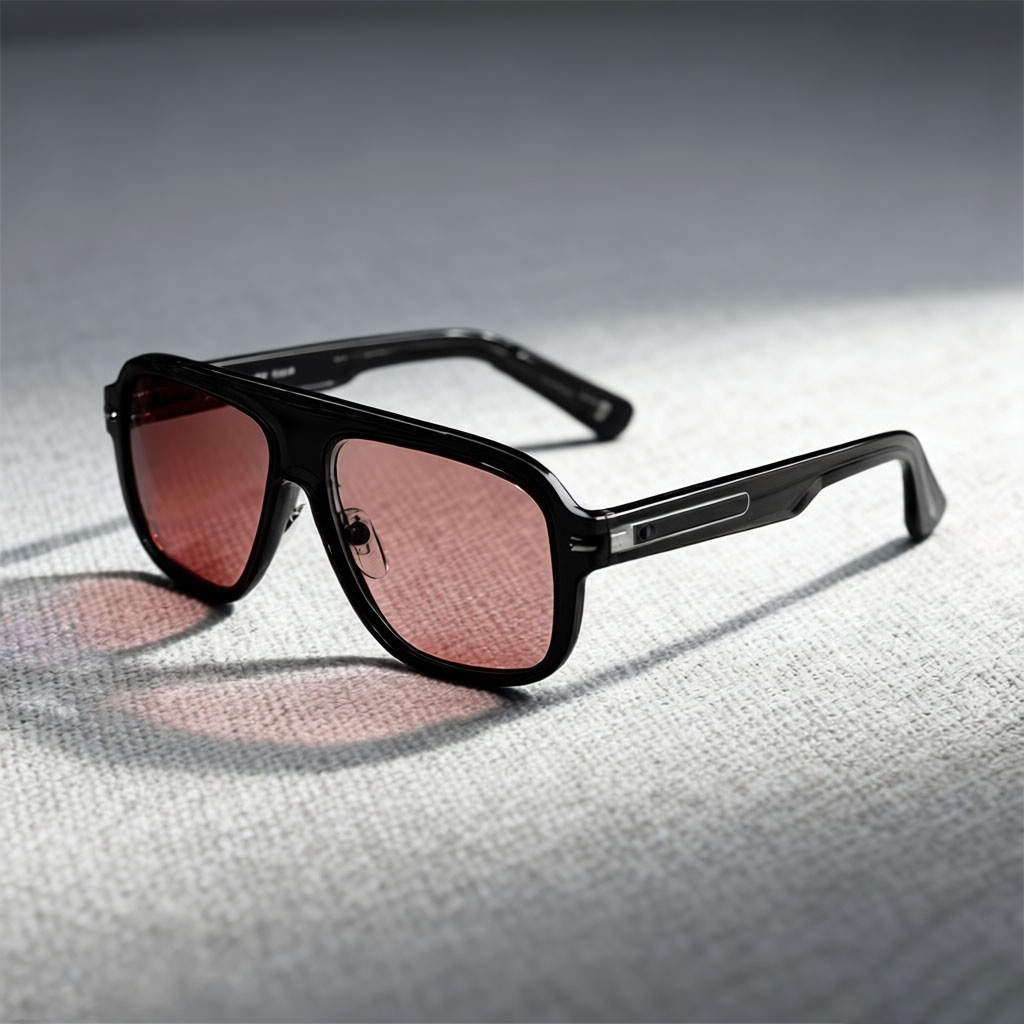 Elevated Square Double-Bridge Sunglasses with Transparent Color Frames & Red Lenses