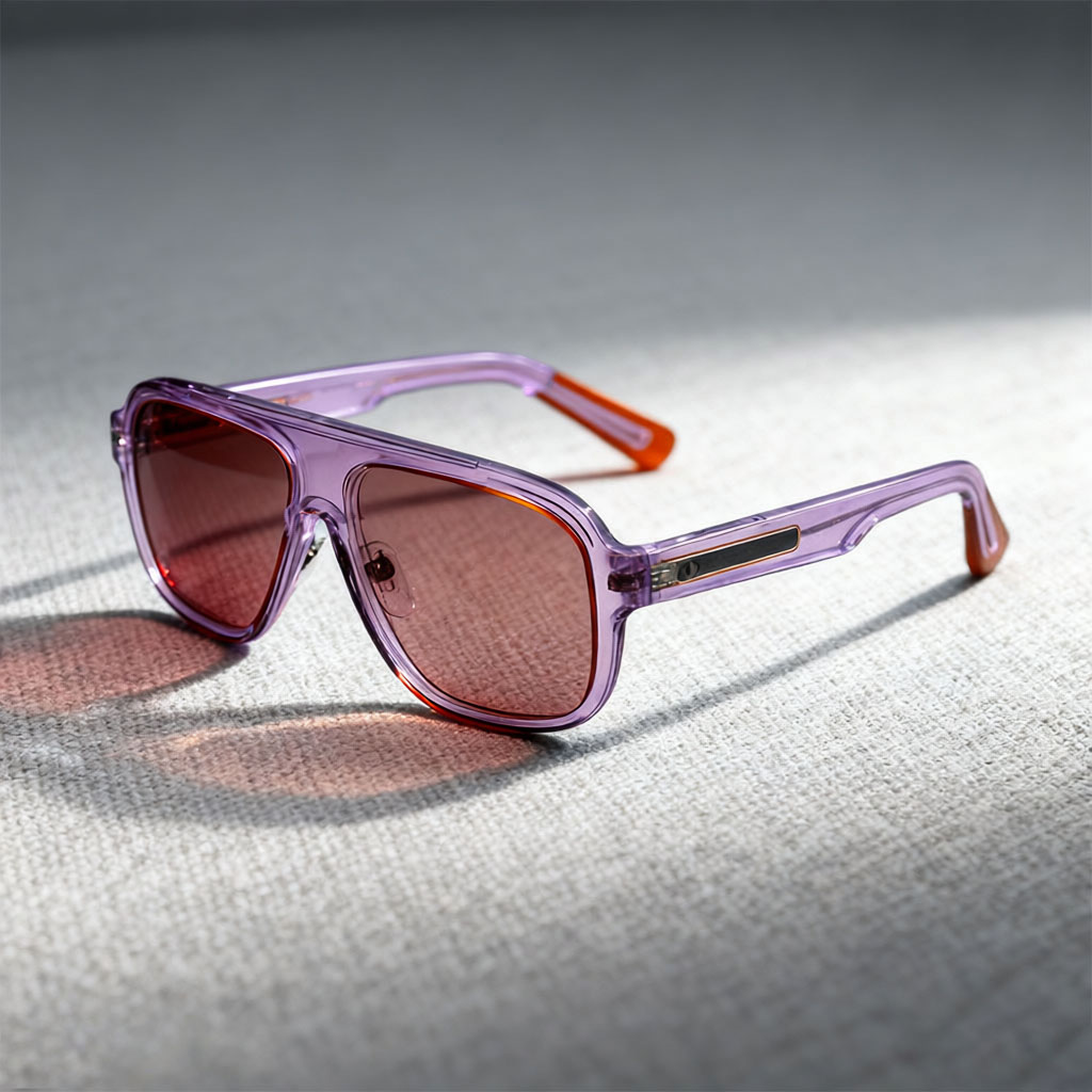 Elevated Square Double-Bridge Sunglasses with Transparent Color Frames & Red Lenses
